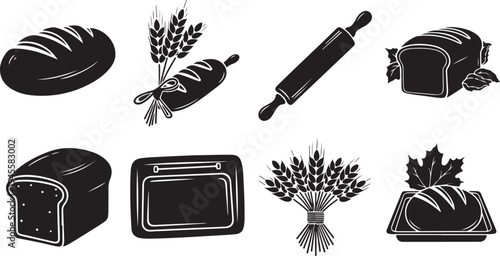 Black and white bread baking icons and illustrations set