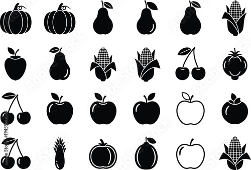 Collection of various fruit illustrations in black and white