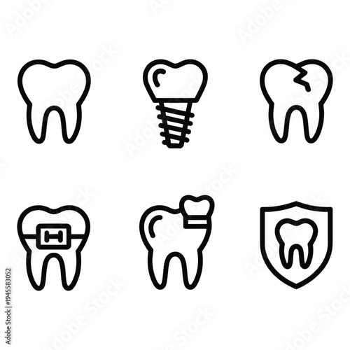 Comprehensive set of dental health and oral care treatment outline icons