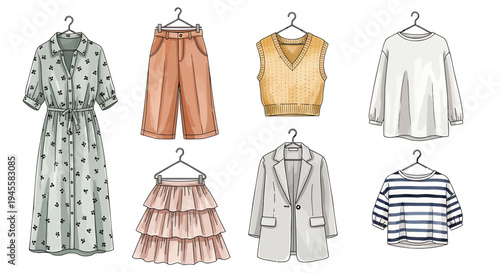 Set of 7 clothing items vector illustrations