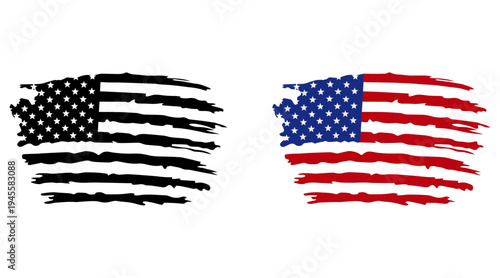 Hand drawn, brush painted USA flag design. Grunge style American flag for patriot event. Transparent PNG and vector illustration
