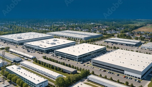 Aerial view of massive data center campus with white warehouse buildings, HVAC units on rooftops, green landscaping, roads, mountains under blue sky. Modern cloud infrastructure facility.