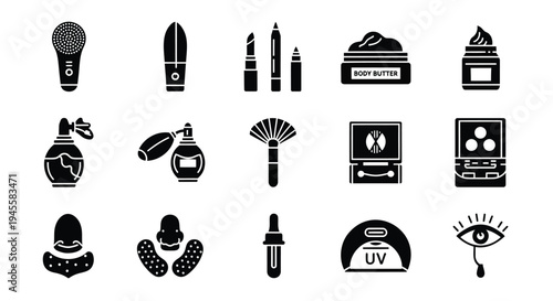 Set of 16 black makeup and beauty icons vector