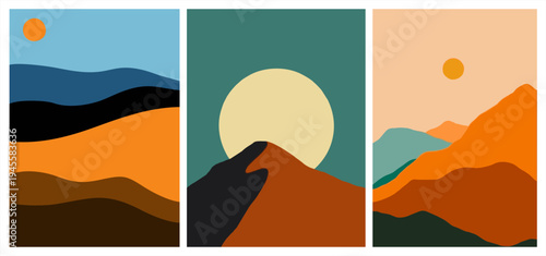 Set of abstract mountain landscape posters in minimalist style, featuring sun and earth tones for modern home decor and digital backgrounds.