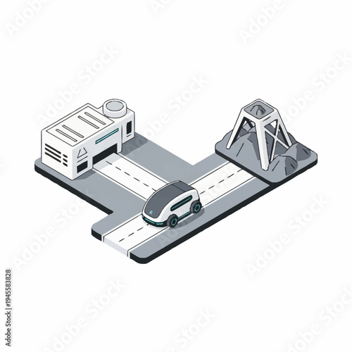 Autonomous vehicle navigating a futuristic smart city road network.