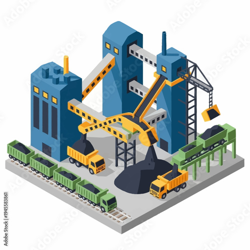 Industrial Coal Mining and Processing Facility Illustration.