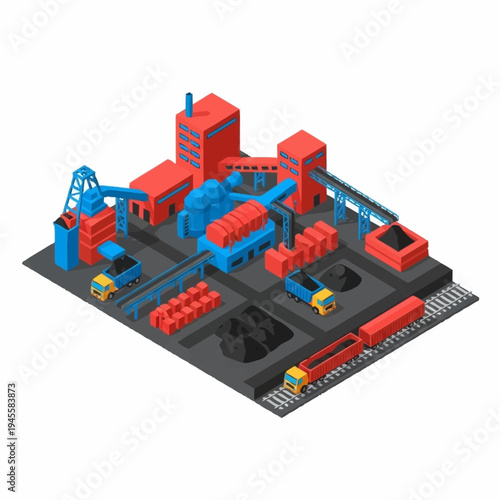 Industrial Coal Mining Facility with Trains and Trucks.
