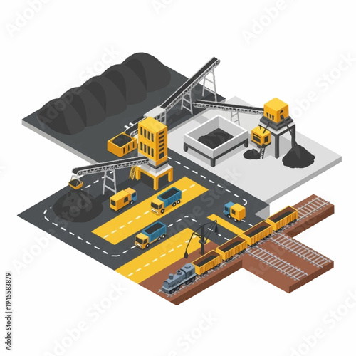 Industrial Coal Mining and Transportation Operations Isometric Illustration.
