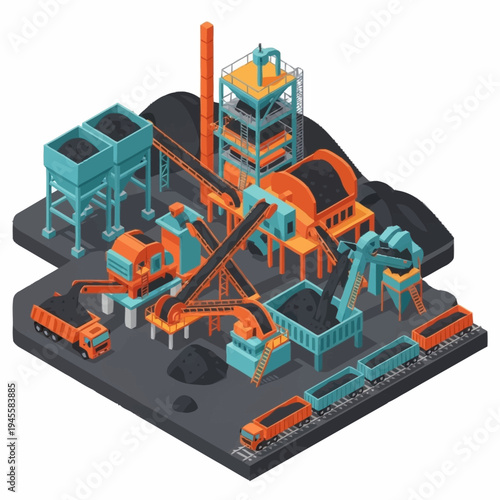 Industrial Coal Processing Plant with Conveyor Systems and Trains.