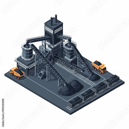Industrial Coal Processing Plant with Conveyor Systems and Trucks.