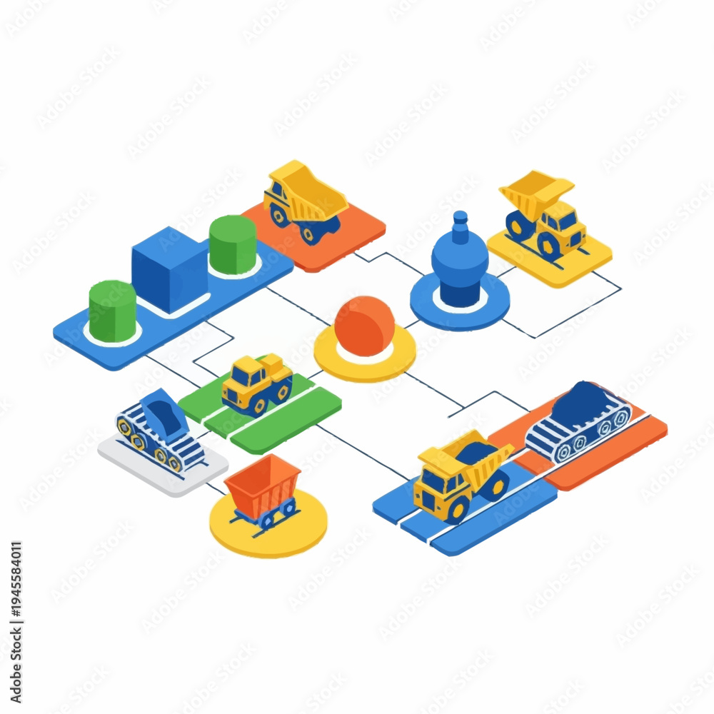 Obraz premium Isometric Construction Vehicles and Industrial Elements Diagram.