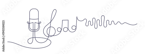 Continuous line sound wave music, one stroke of microphone. Podcast line soundwave noise and musical note one in minimalist style.  Editable stroke. Vector simple graphic symbol