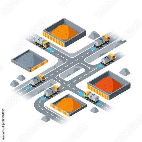 Isometric illustration of a construction material distribution hub.