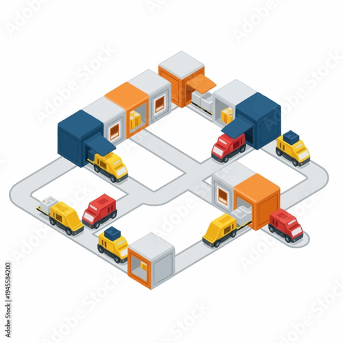 Isometric Logistics Hub with Delivery Trucks and Warehouses.