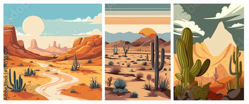 Set of desert landscape banners featuring saguaro cacti, rocky mountains, and sand dunes in a vibrant flat design style for travel and nature themes.