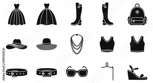 Set of 13 fashion icons vector, black and white