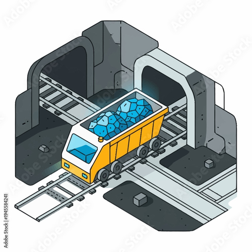 Isometric Mine Cart Transporting Raw Materials in a Mining Tunnel.