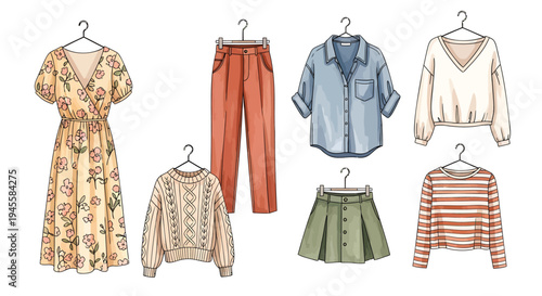 Set of 7 clothing items vector, fashion illustrations