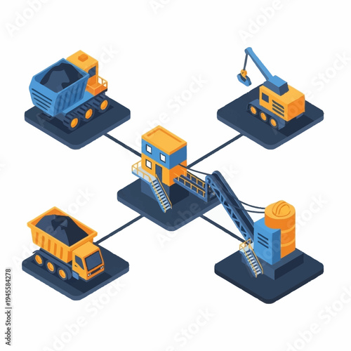 Isometric mining and quarrying industry with heavy machinery.