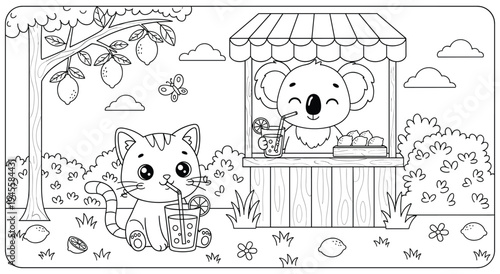 Coloring page with cute cat drinking lemonade next to koala at juice stand