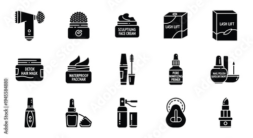 Set of 16 black beauty and cosmetics icons vector