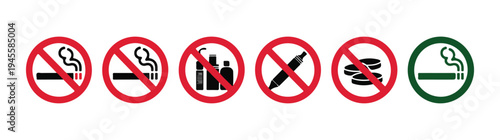 Comprehensive no smoking and nicotine prohibition sign set including cigarette vape and pill warning symbols