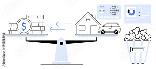 Financial balance concept. Balancing money with assets such as a house and car alongside digital analytics. Financial decisions, wealth management, and resource allocation. For finance, economics