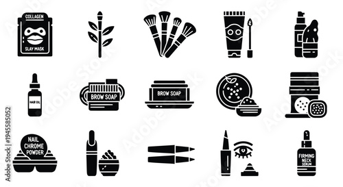 Set of 16 black beauty and makeup icons vector