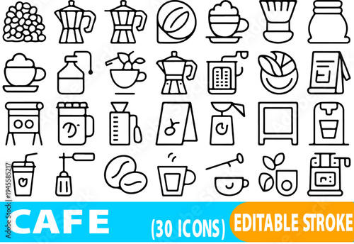 A comprehensive set of thirty line art icons detailing various elements of coffee preparation, including brewers, beans, and cups, is shown on a white background for digital use.