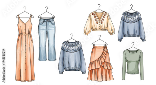 Set of 7 clothing items vector illustrations