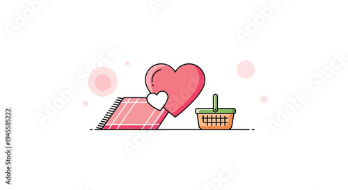 Romantic Picnic Concept: Heart Symbols, Blanket, and Basket - Minimalist Vector