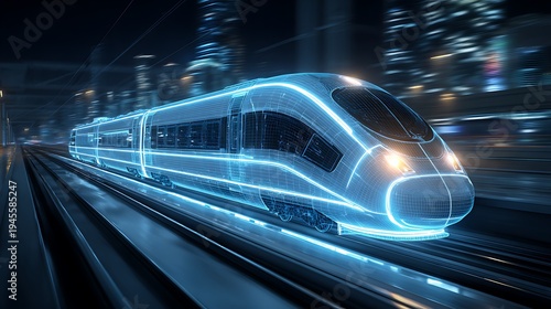 High speed futuristic train with glowing digital wireframe traveling through modern city representing advanced transportation technology.