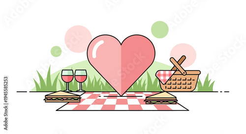 Romantic Picnic with Heart, Wine, and Sandwiches
