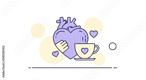 Self Love Concept: Heart Hugging Itself with Coffee Cup, Minimalist Vector Art