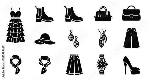Set of 13 fashion icons vector, black and white