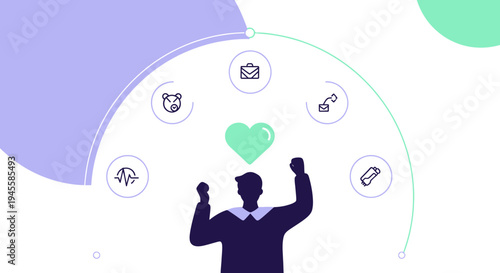 Silhouette of a person celebrating with icons representing life, career, and health