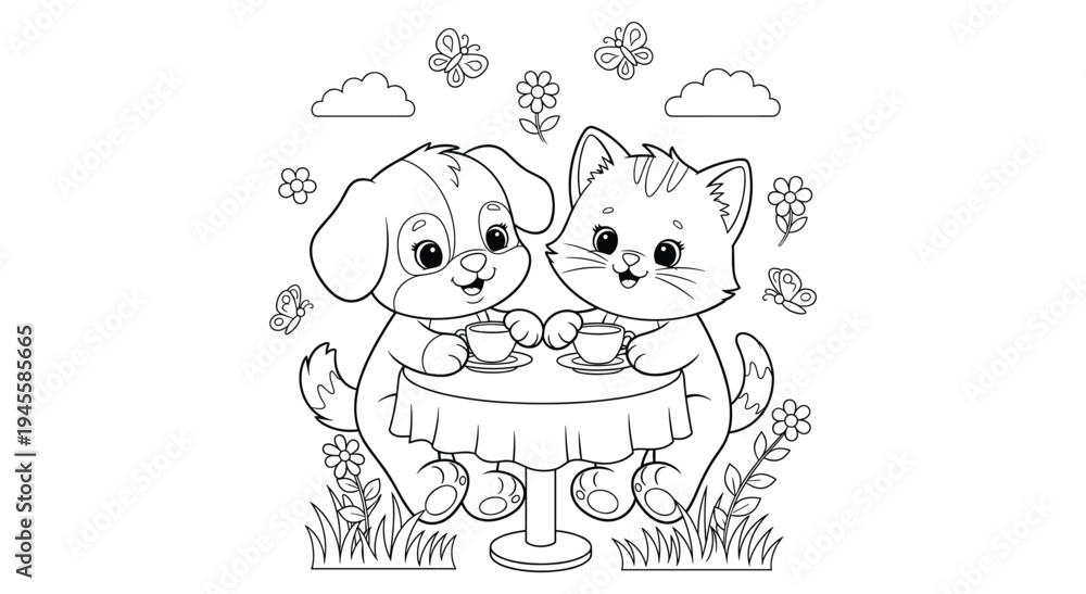 Obraz premium Puppy and kitten sharing tea at round table coloring page for kids design
