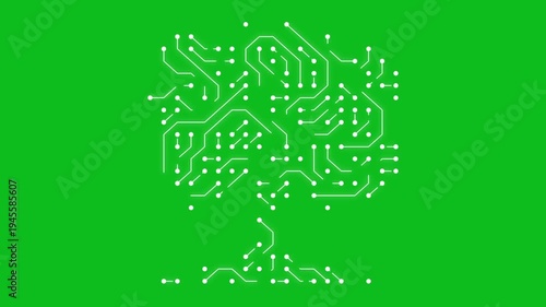 Tree shape with circuit lines effect on green screen background