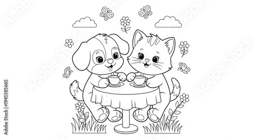 Puppy and kitten sharing tea at round table coloring page for kids design