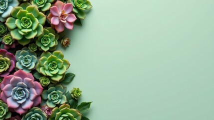 Glossy modern succulent border with a mix of green, pink, and purple echeverias on a light mint green background, perfect for text and design copy space.