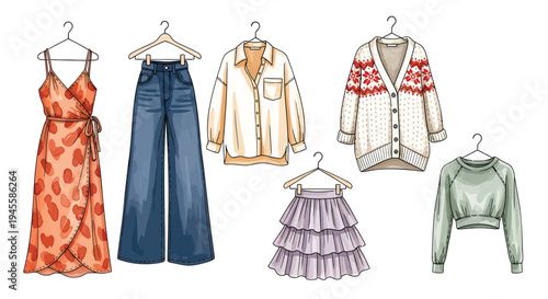 Set of 6 clothing items vector illustrations