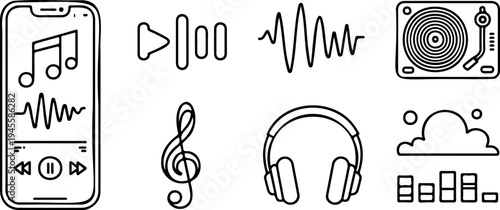 Set of music and audio icons for smartphone player, sound wave, musical note, treble clef, headphone and equalizer