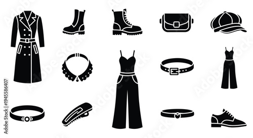 Set of 13 fashion icons vector, black and white