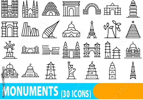 A comprehensive array of thirty line-style icons depicting famous world monuments, architectural landmarks, and various arch structures compiled for travel or history projects.