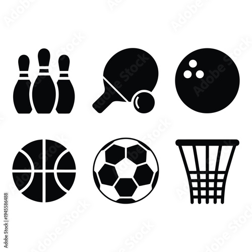 Diverse Sports Equipment Icons for Bowling Table Tennis Basketball Soccer Recreation Games