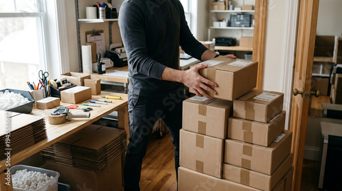 Small business shipping area with a worker stacking labeled parcels and cardboard boxes ready for dispatch and delivery