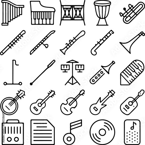 A diverse collection of musical instrument outline icons, featuring woodwind, brass, string, and percussion instruments alongside audio equipment, is clearly presented in a grid on a clean white.