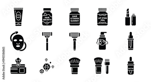 Set of 16 black grooming and beauty icons vector