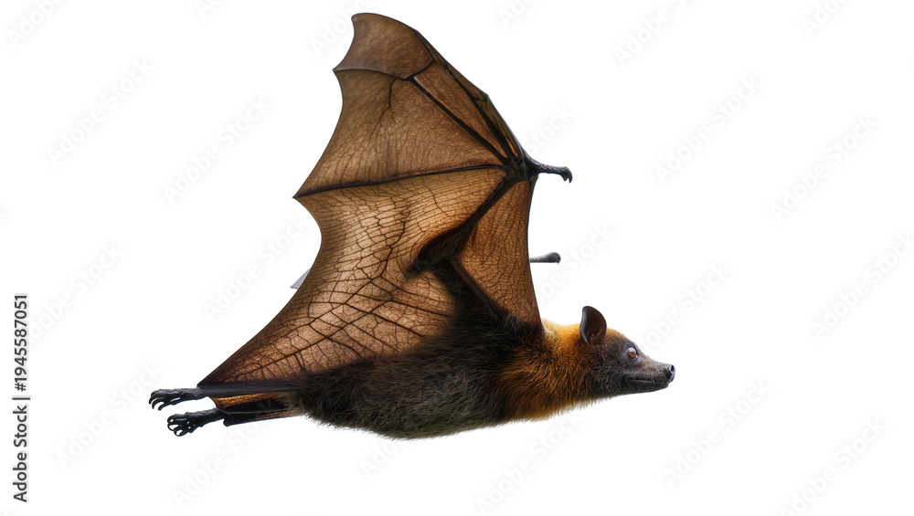 Fototapeta premium Isolated flying fox, a large fruit bat with outstretched wings in natural motion