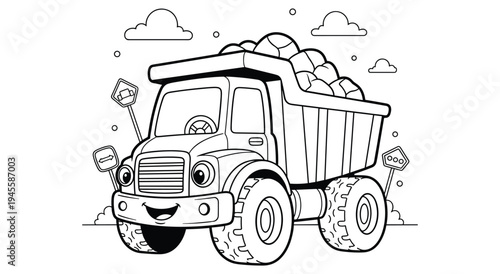 Construction dump truck hauling heavy rocks coloring page for boys leisure